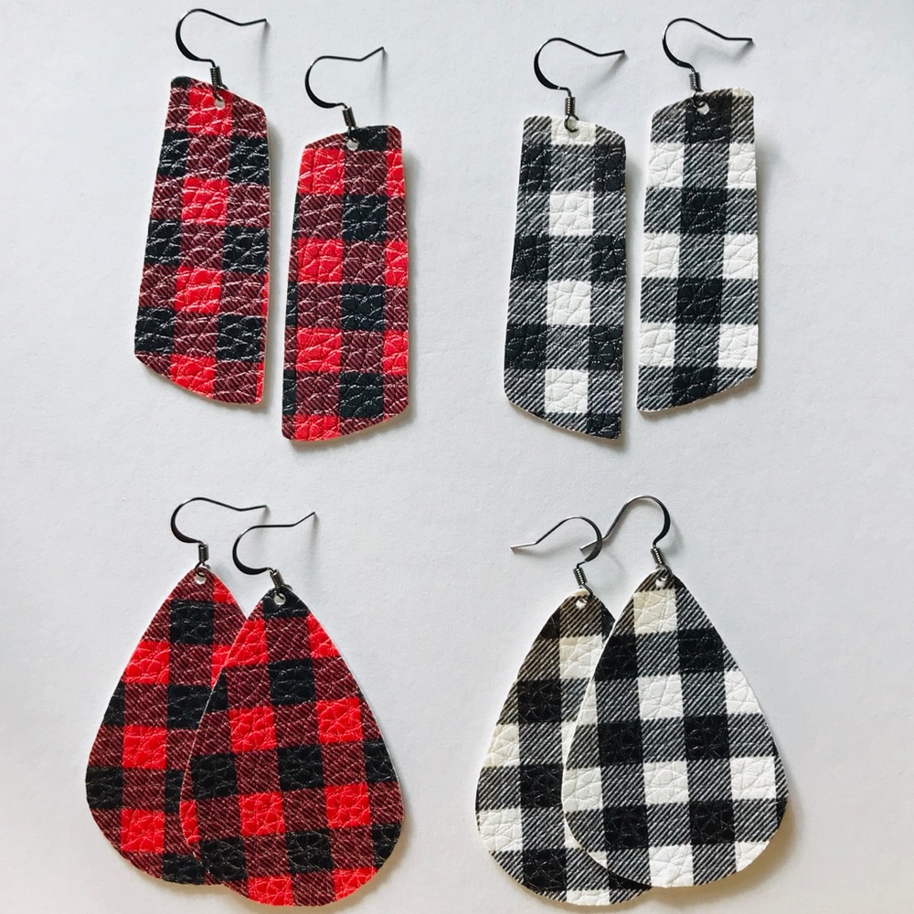 4pk Buffalo Check Plaid Faux Leather Earrings